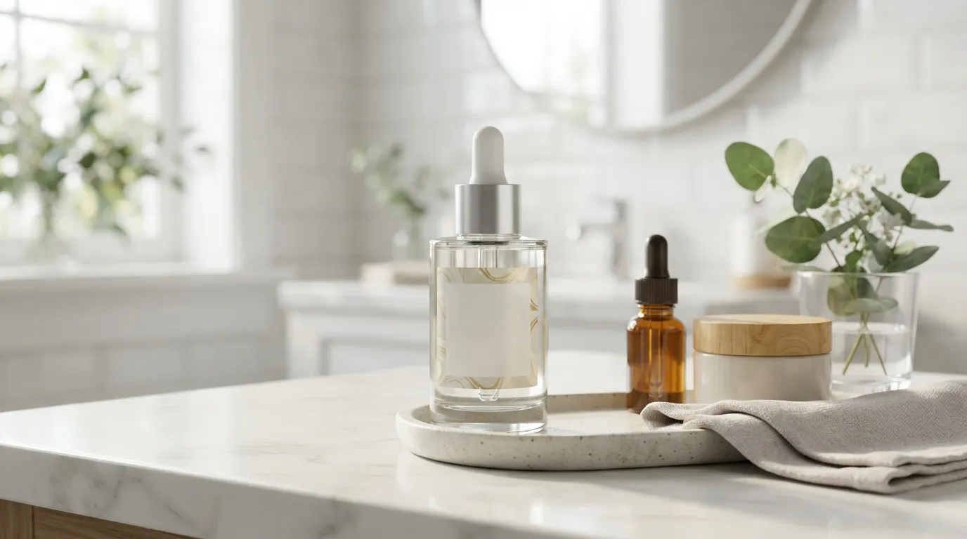 PDRN serum bottle displayed as part of a daily skincare routine
