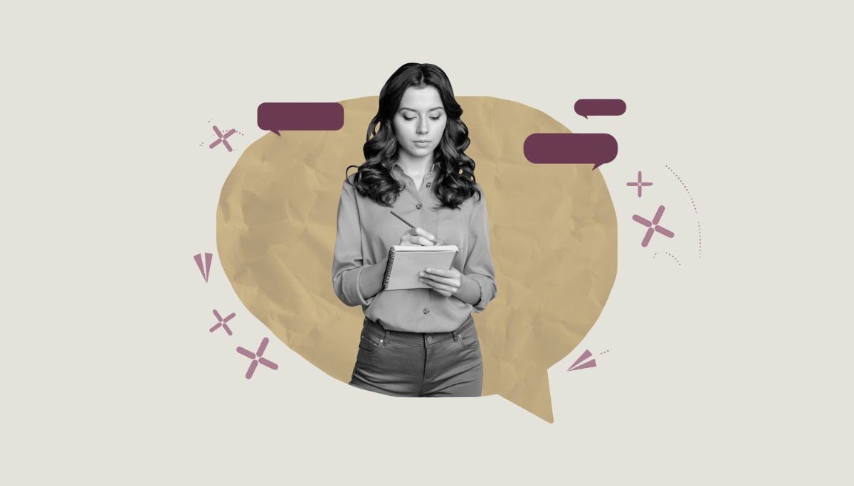 Illustration of professional taking notes with speech bubbles, representing problem solving interview preparation.