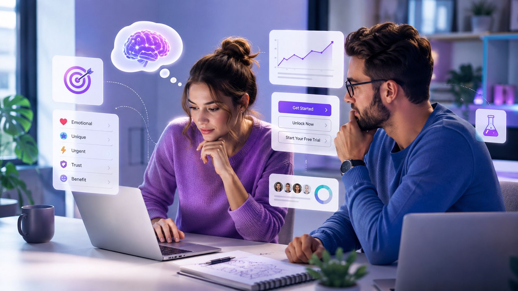 A professional man and woman collaborating on a laptop with holographic business and brain icons floating nearby.
