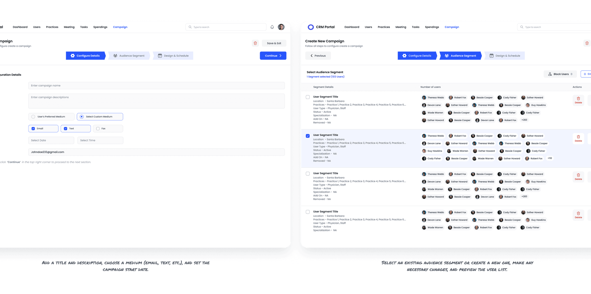 High fedility ui screen showcasing campaign setup steps (Configuration, audience segment) module along with annotation of design thinking.