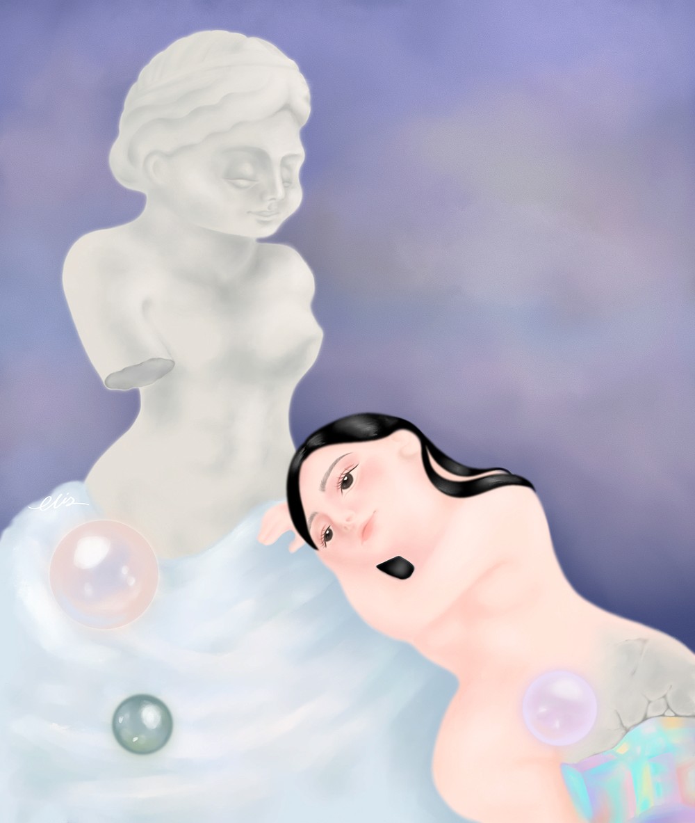 bylittleelise digital artwork inspired by human emotion mythology and nostalgia A woman reclining beside a marble statue, with a dreamy, pastel background and soft water elements.