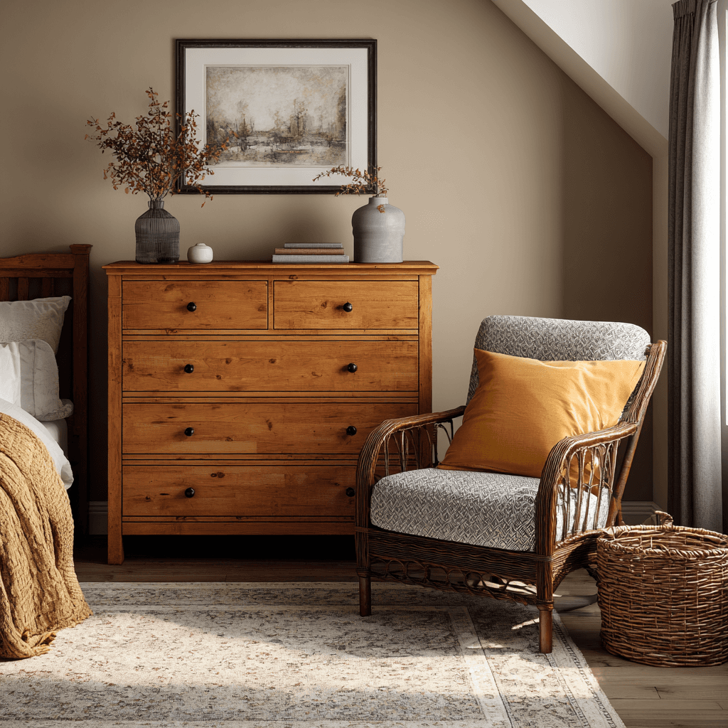 A cozy bedroom featuring a dresser, a chair, and a framed picture hanging on the wall.