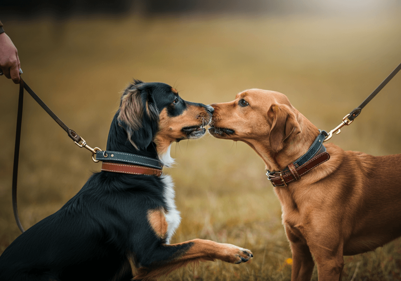 Two dogs (on lead) meeting one another in a polite and friendly manner.