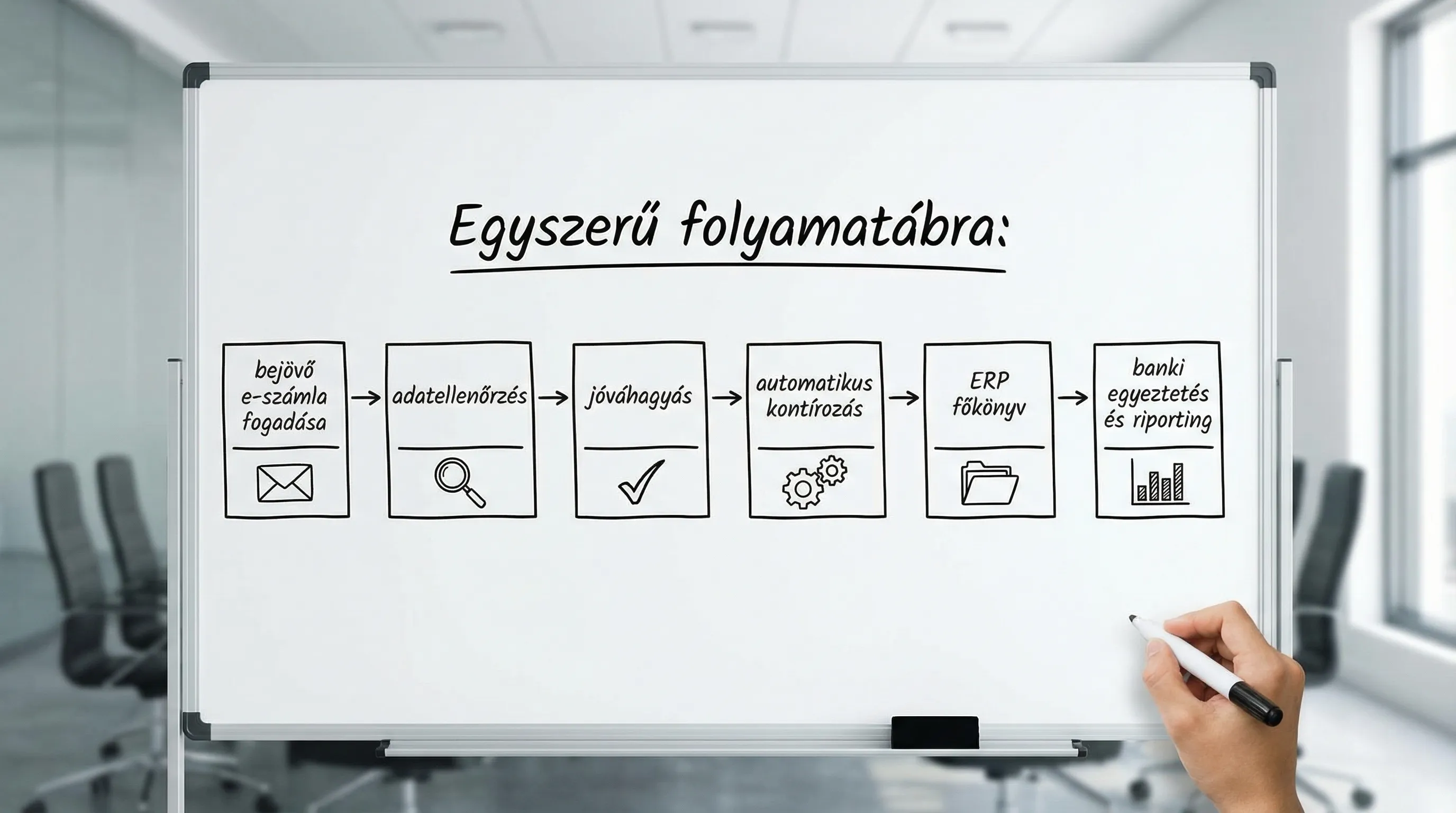 Egyszerű folyamatábra: bejövő e-számla fogadása, adatellenőrzés, jóváhagyás, automatikus kontírozás, ERP főkönyv, banki egyeztetés és riporting.