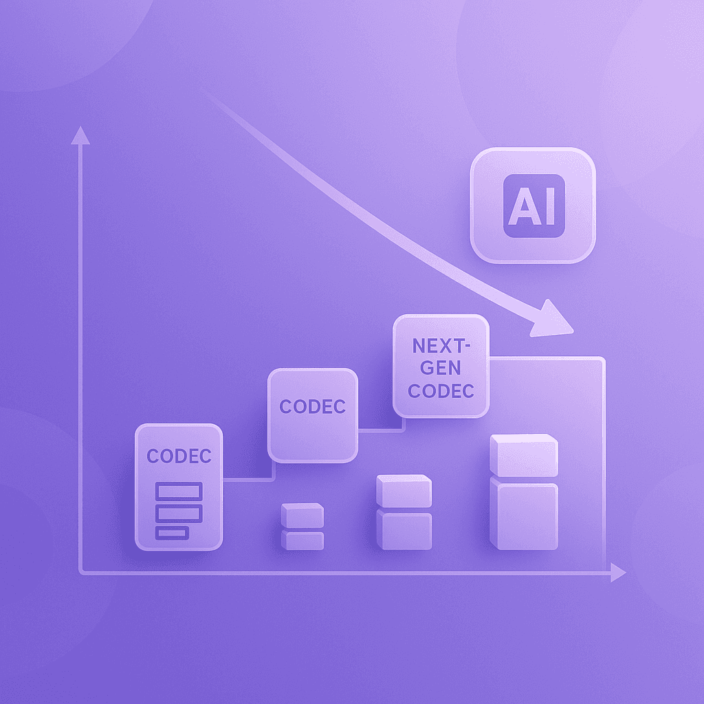 Conceptual graph showing declining bitrate across codec generations with extra drop from AI preprocessing