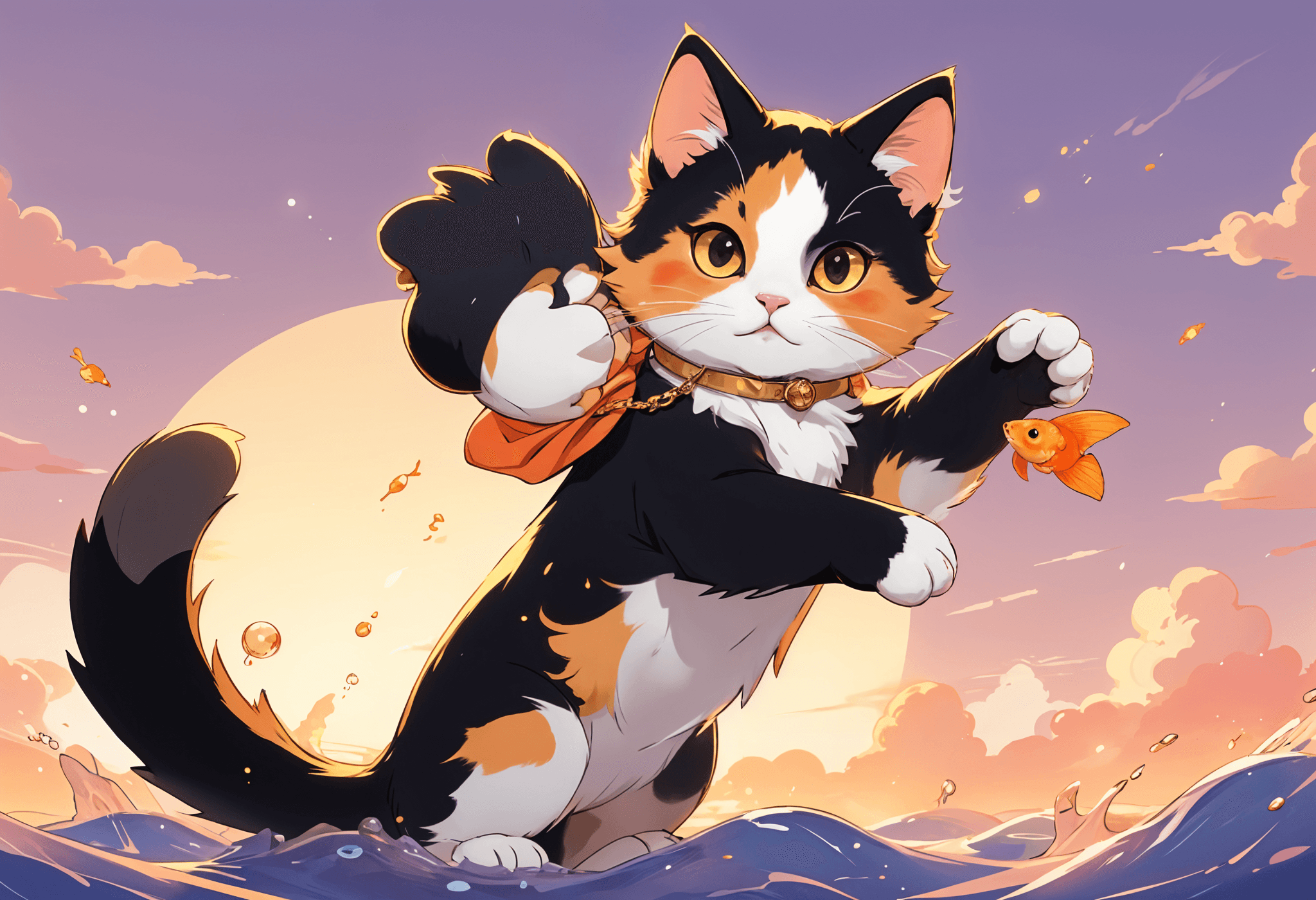 A calico cat standing in a pond catching a goldfish.