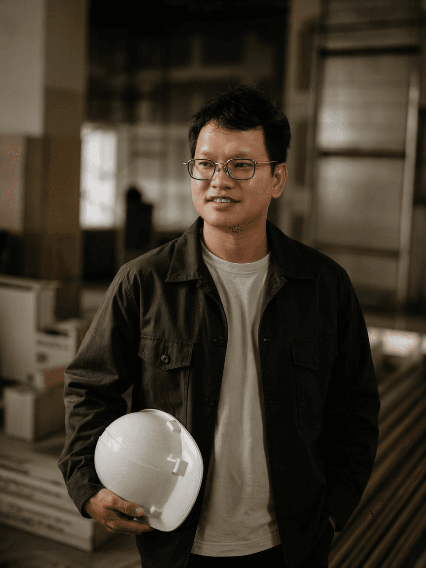 A man sitting in a minimally designed room with bulbs