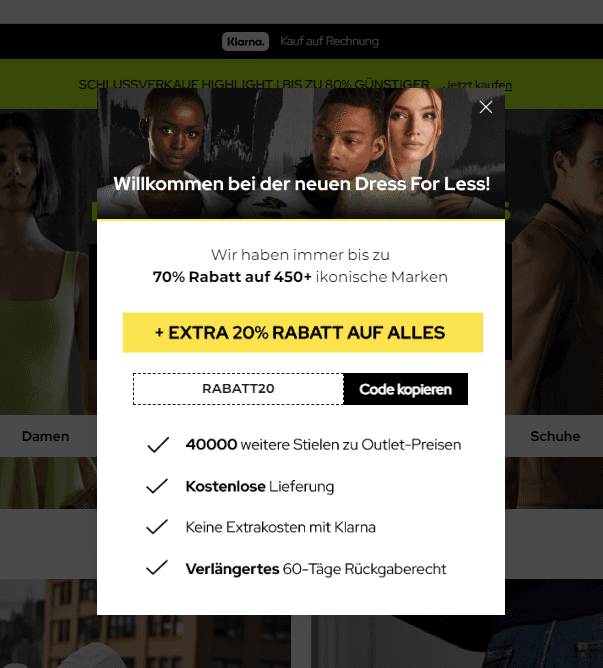 Beispiel Dress4Less Rabattcode-PopUp