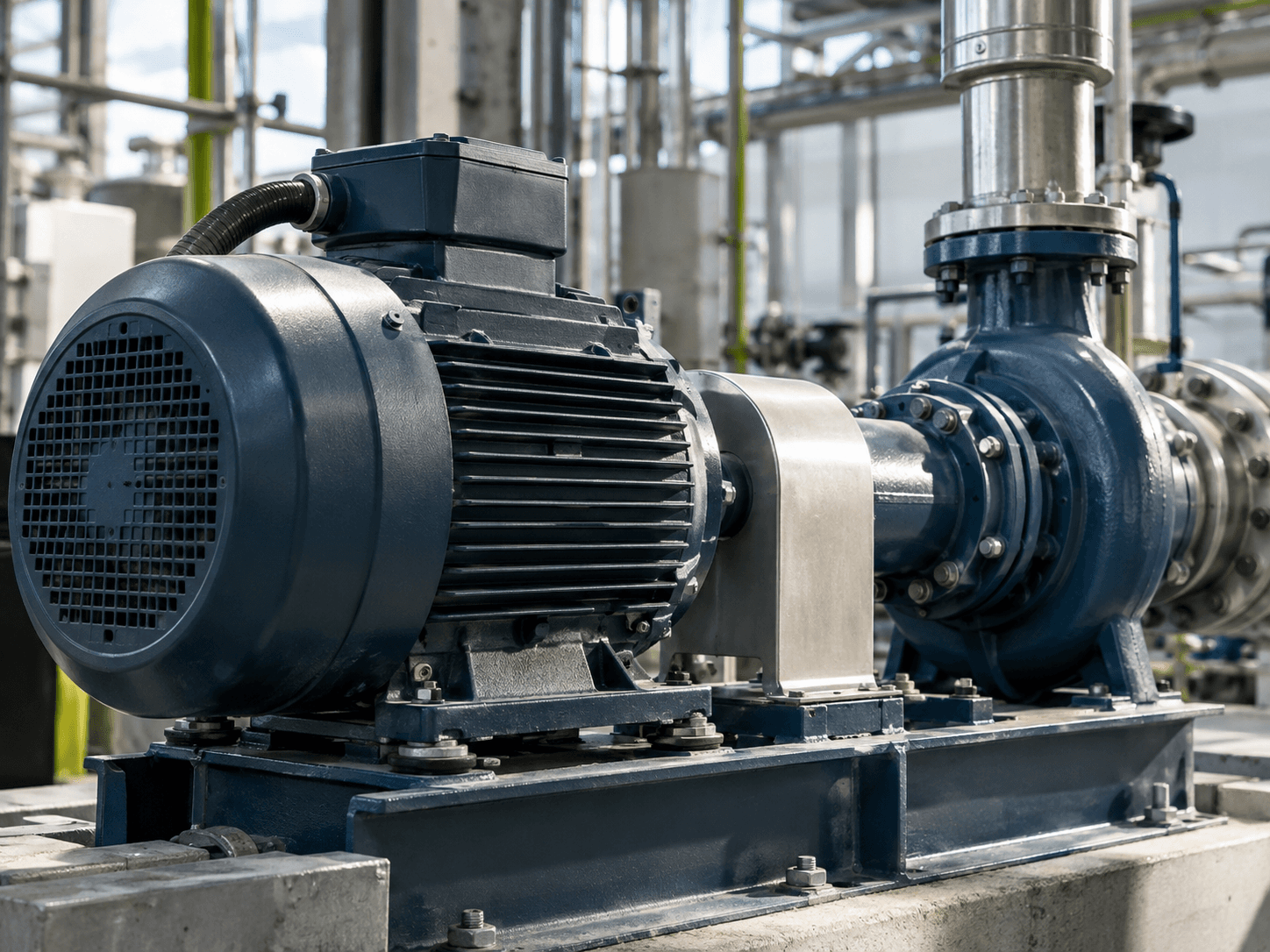 Primer plano de un motor eléctrico industrial moderno conectado a una bomba en una fábrica limpia.