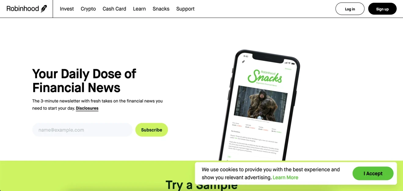 Robinhood newsletter opt-in example of a form promising a three-minute daily financial news update