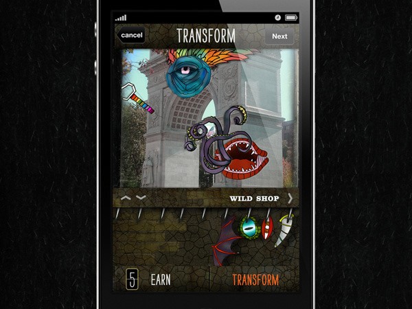 A smartphone screen displays a game interface titled “TRANSFORM,” showing a stylized image of an eye and octopus-like creature above a stone archway. The word “WILD SHOP” is visible below the image. Below the screen, the word “EARN” appears next to a “5” icon, and “TRANSFORM” is shown at the bottom right.