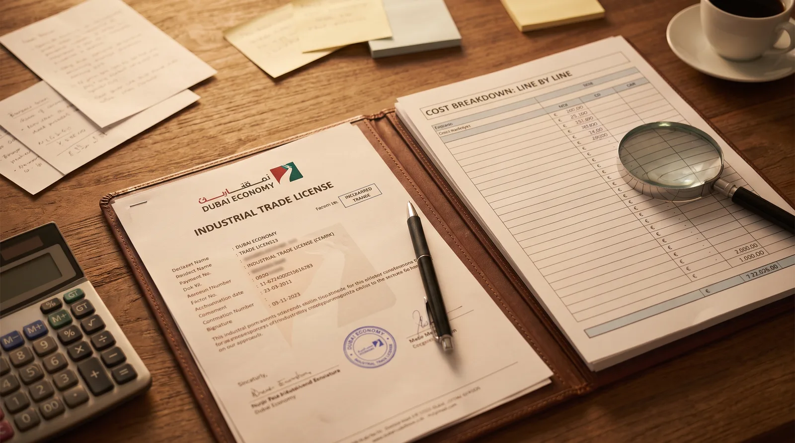 Industrial license Dubai cost breakdown with approval documents on desk