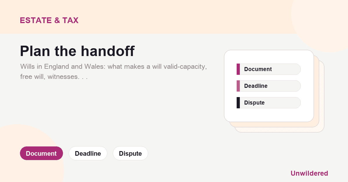 Explainer card for Understanding Wills in England and Wales: A Complete Guide: Document, Deadline, Dispute.