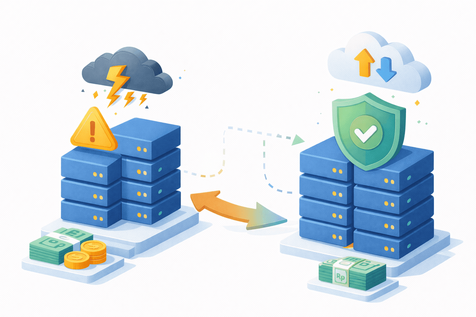 Ilustrasi secure data migration & risk mitigation architecture. Di sisi kiri, tumpukan server lama/berisiko ditandai ikon peringatan dan petir di bawah awan gelap, melambangkan gangguan, risiko, atau kerentanan sistem, dengan aset finansial di dasar platform. Panah transisi berwarna menunjukkan proses migrasi menuju sisi kanan, tempat server aman berada di bawah awan cerah dengan ikon perisai dan tanda centang, menandakan keamanan dan keandalan. Di sisi kanan juga terlihat ikon upload/download cloud dan tumpukan uang bertanda Rp, menggambarkan sistem yang telah diamankan, stabil, dan siap beroperasi. Visual merepresentasikan transformasi dari infrastruktur berisiko ke lingkungan data yang aman, terlindungi, dan compliant.