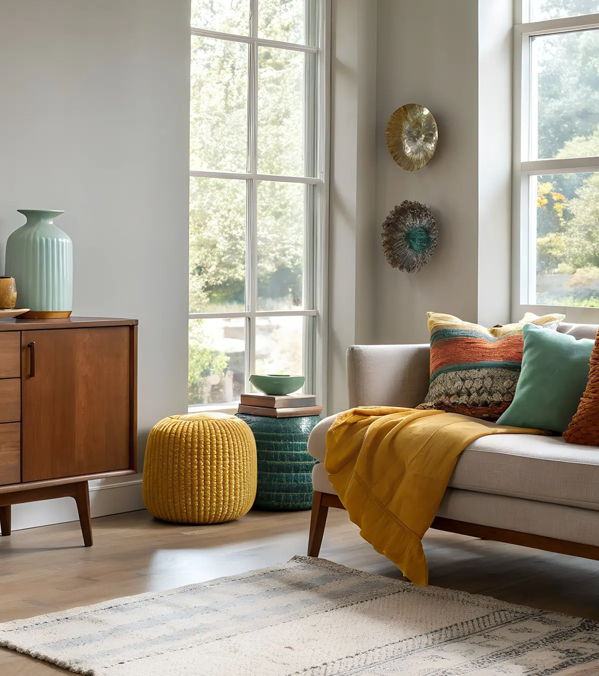 Cozy modern living room with a neutral sofa, warm-toned textiles, wooden furniture, and sunlight streaming through a large window.