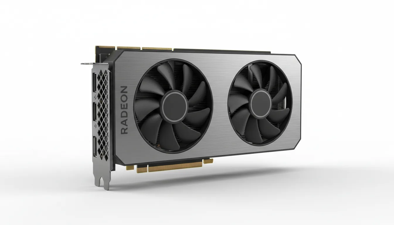 Professional 3D product render of a modern AMD Radeon graphics card with a dual-fan cooler, isolated on a clean white studio backdrop. The design features a sleek matte black shroud with a brushed gunmetal grey metal faceplate. Soft global illumination casts a subtle floating shadow, creating a clean, minimalist aesthetic. Hyper-detailed, photorealistic, sharp focus.