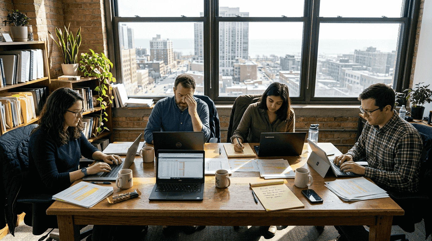 Team reviewing meeting notes in office