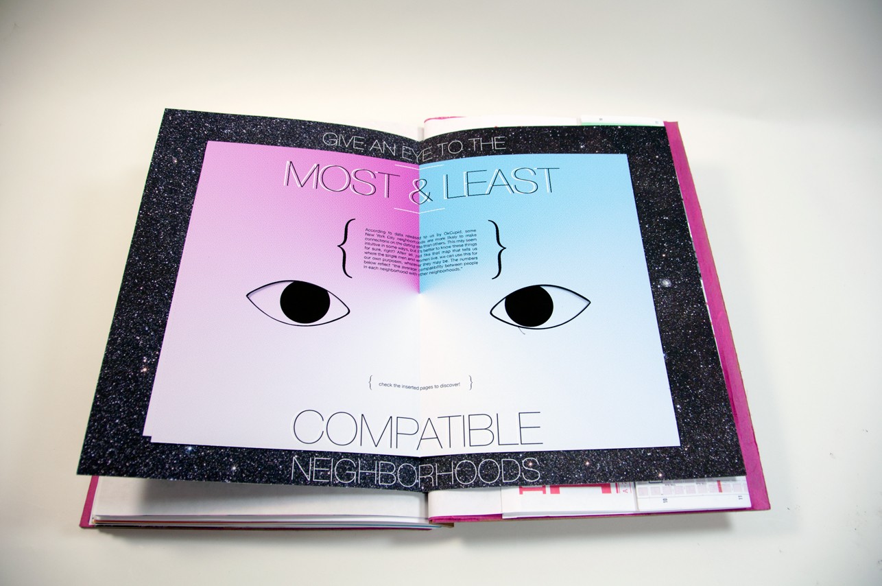 an opened book with a face shape which has one side a gradient from pink to white and the other one from blue to white