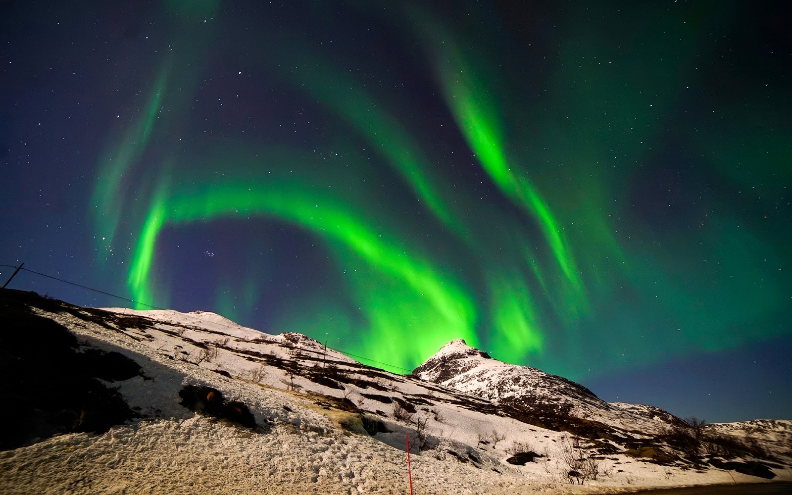 Northern Lights over snowy mountains during a 3-hour catamaran tour.