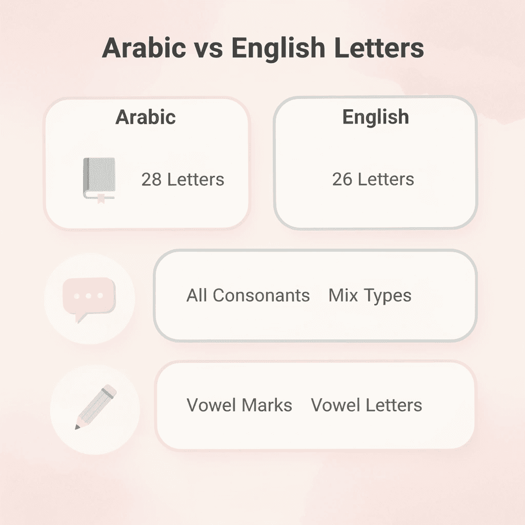 Comparison chart showing differences between Arabic and English alphabets