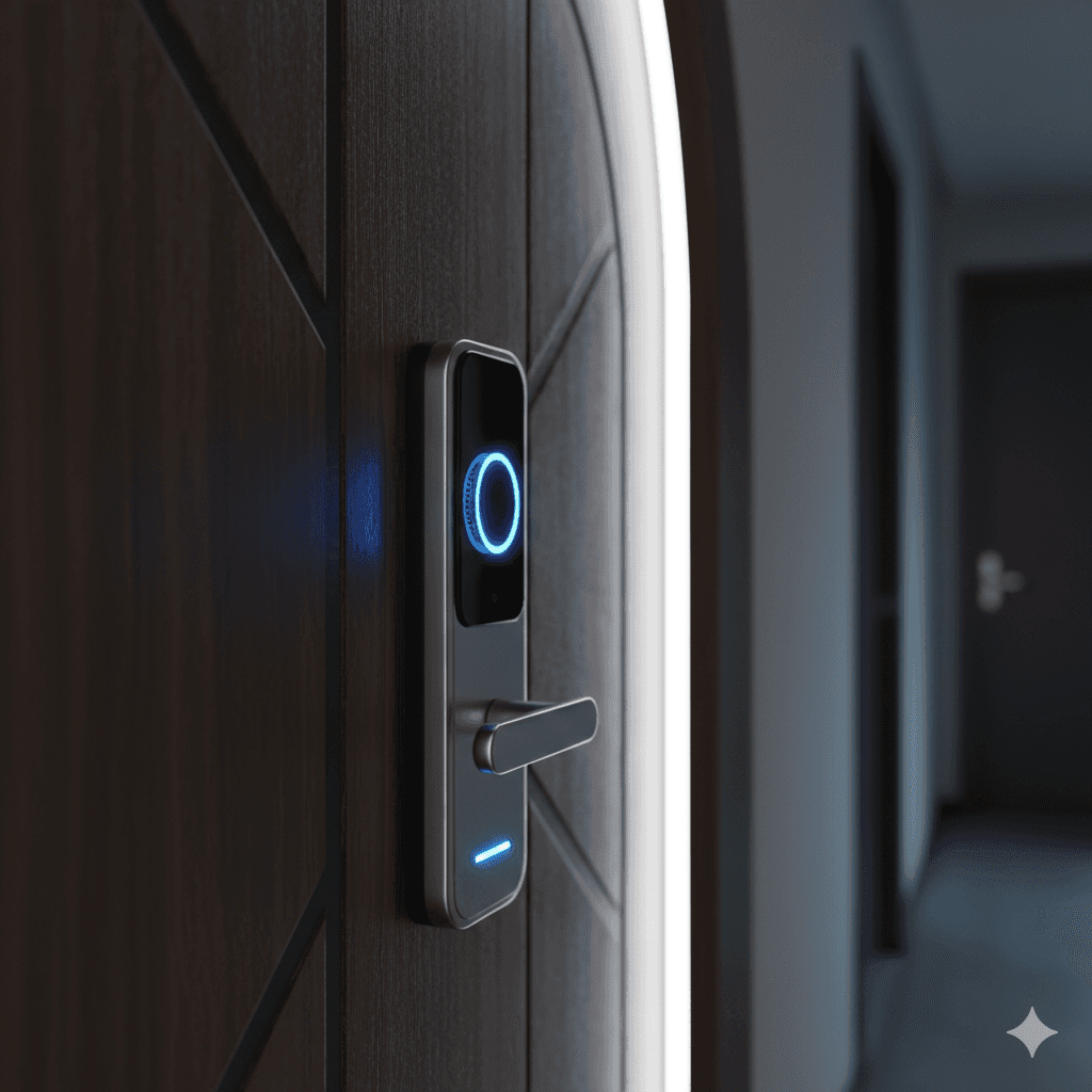 Smart home biometric door lock with blue LED interface in luxury Sector 106 apartment