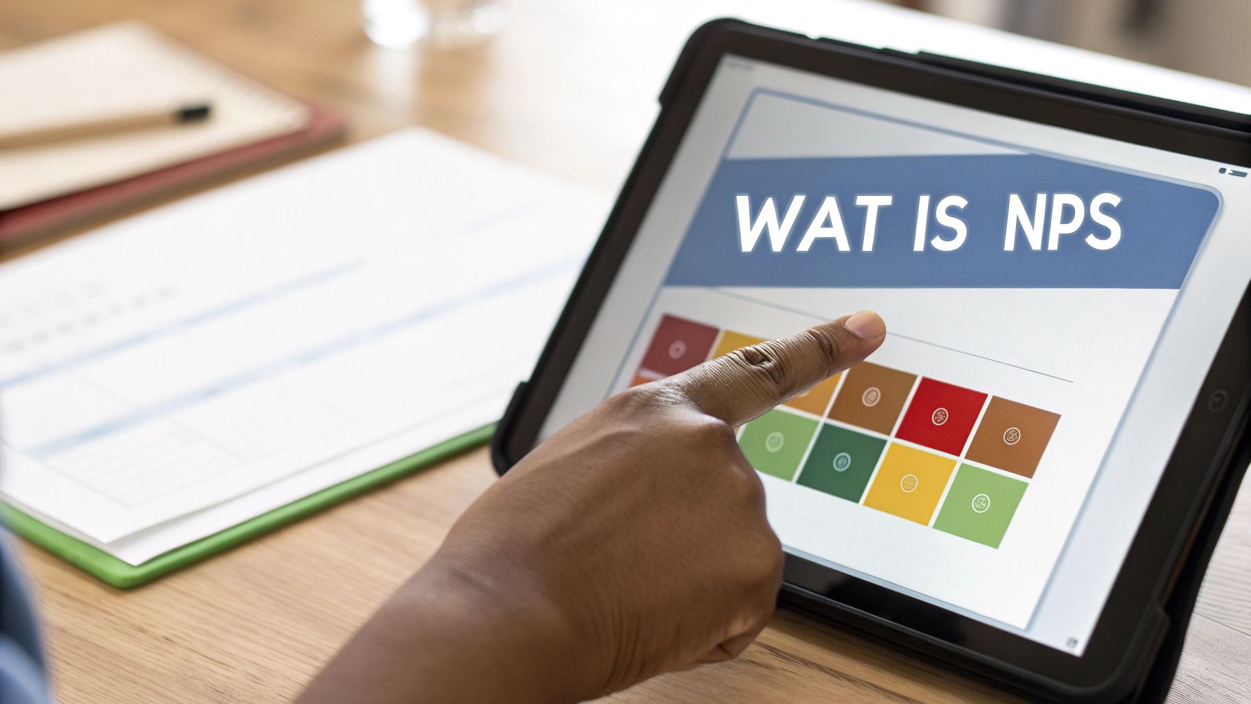 Een hand wijst naar een tablet waarop 'WAT IS NPS' en een kleurrijke scorematrix te zien zijn.