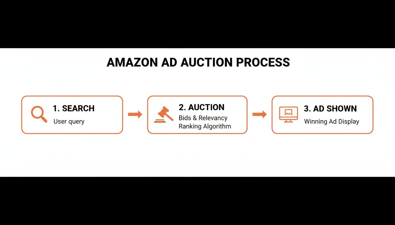 Flowchart illustrating the Amazon ad auction process from user search to winning ad display.