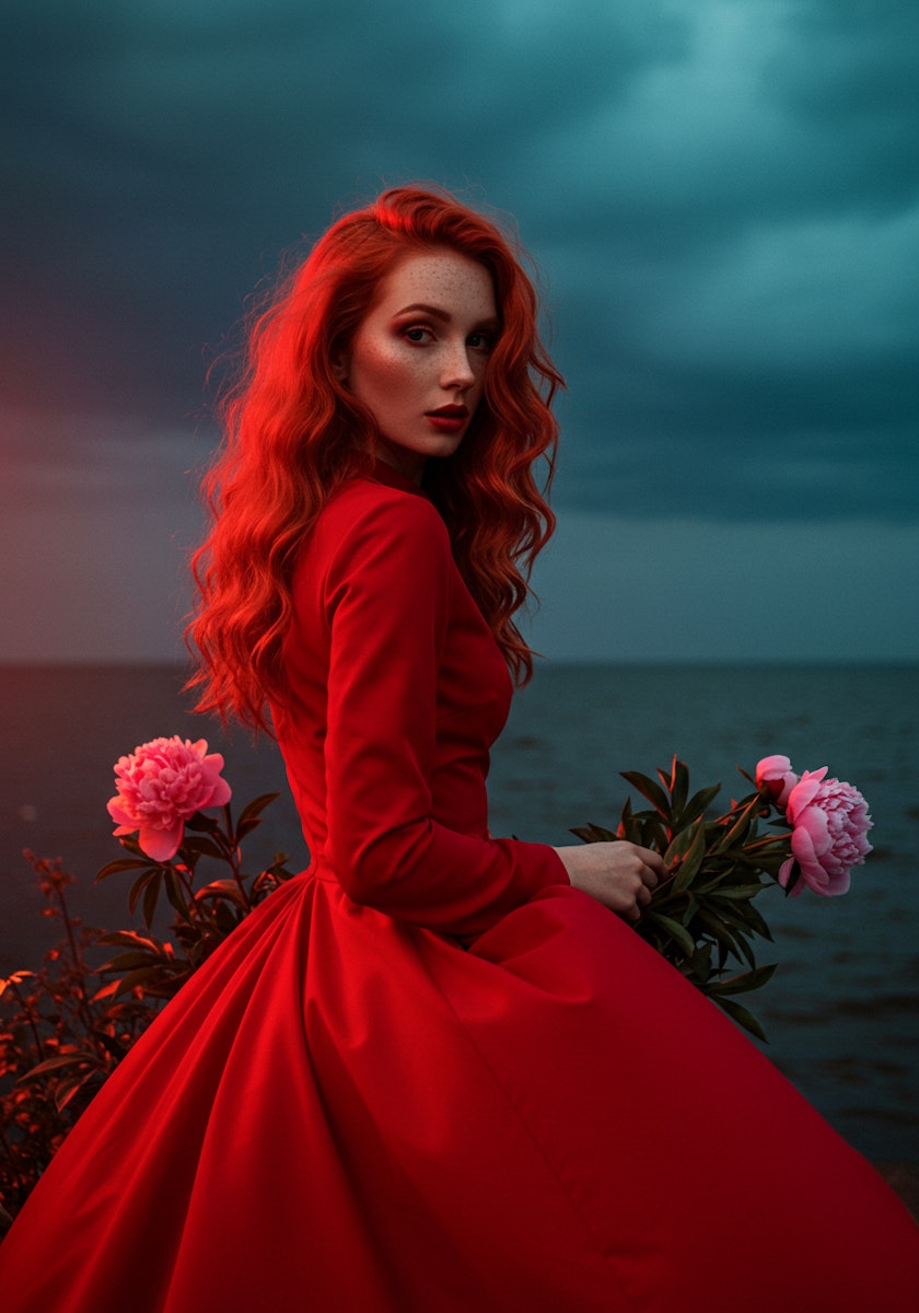 A woman with red hair in a flowing red dress holds pink peonies by a moody seascape under an overcast sky.
