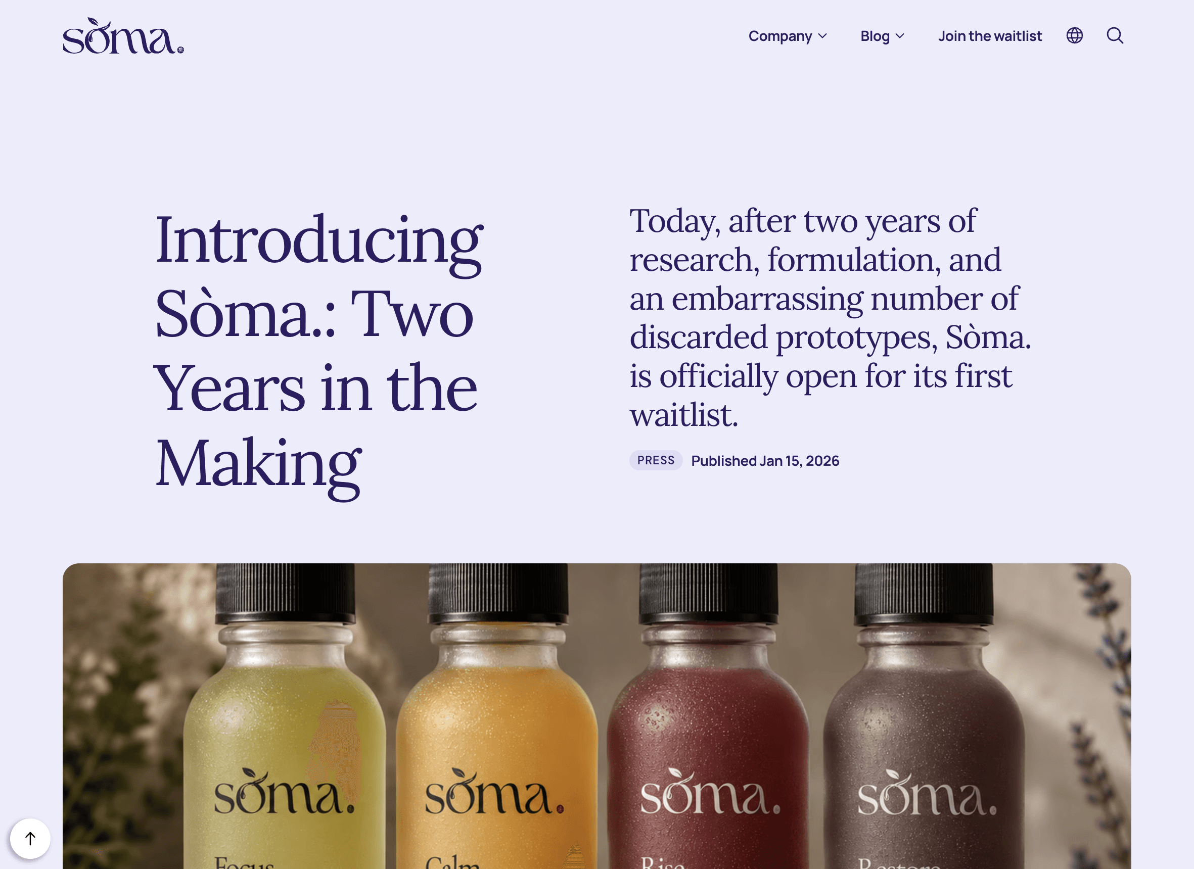 Screenshot of the 'Introducing Sòma.: Two Years in the Making' blog article from the SÒMA. website.