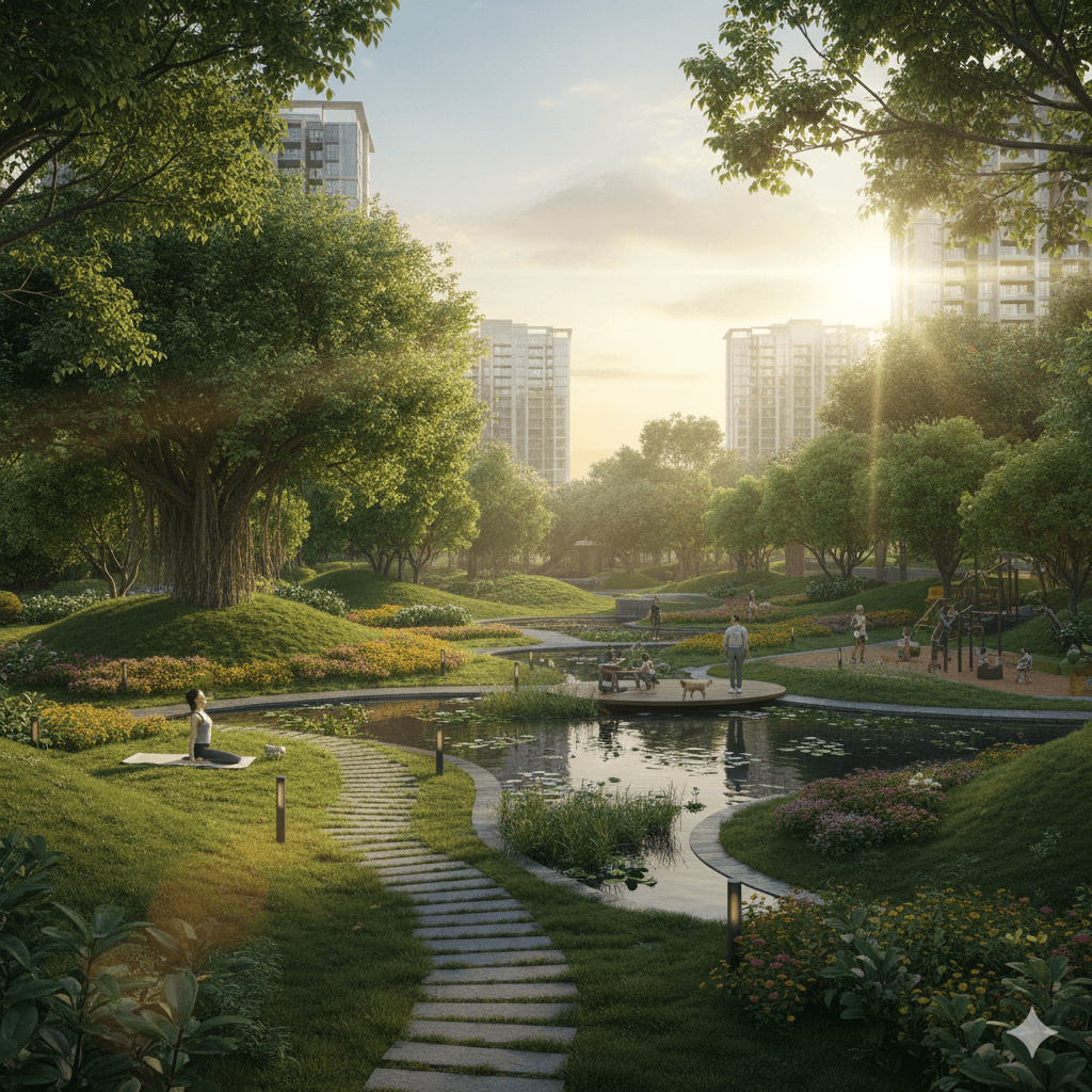 Lush central eco-park with walking trails and 85% open greenery in Sector 37