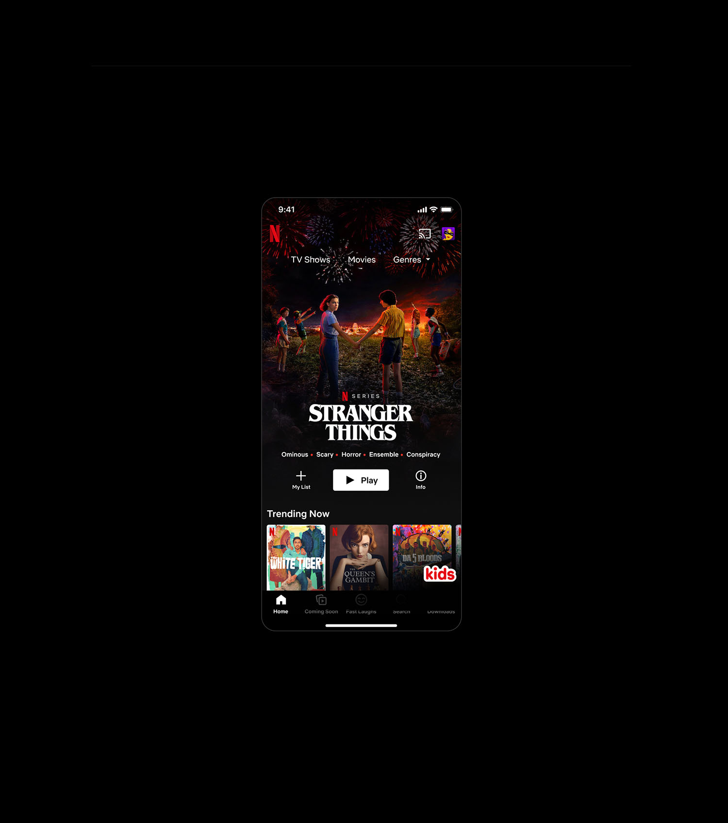 A smartphone mockup showing the Netflix mobile app with a "Kids" profile active. The UI/UX design features a dark mode interface with colorful, kid-friendly content tiles like "Stranger Things" and "The Queen's Gambit," showcasing user experience strategy for younger audiences.
