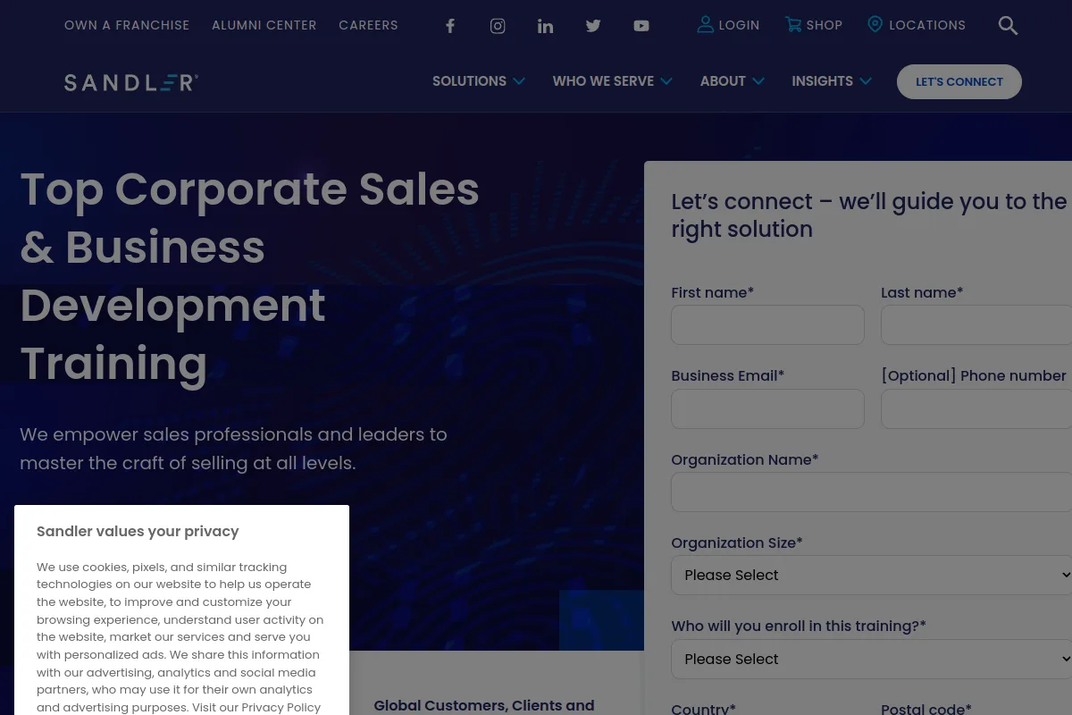 Sandler homepage headlined Top Corporate Sales and Business Development Training for sales professionals and leaders