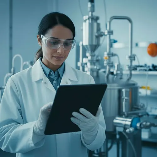 Laboratory technician wearing protective gear reviewing data on a tablet in a chemical or pharmaceutical lab.