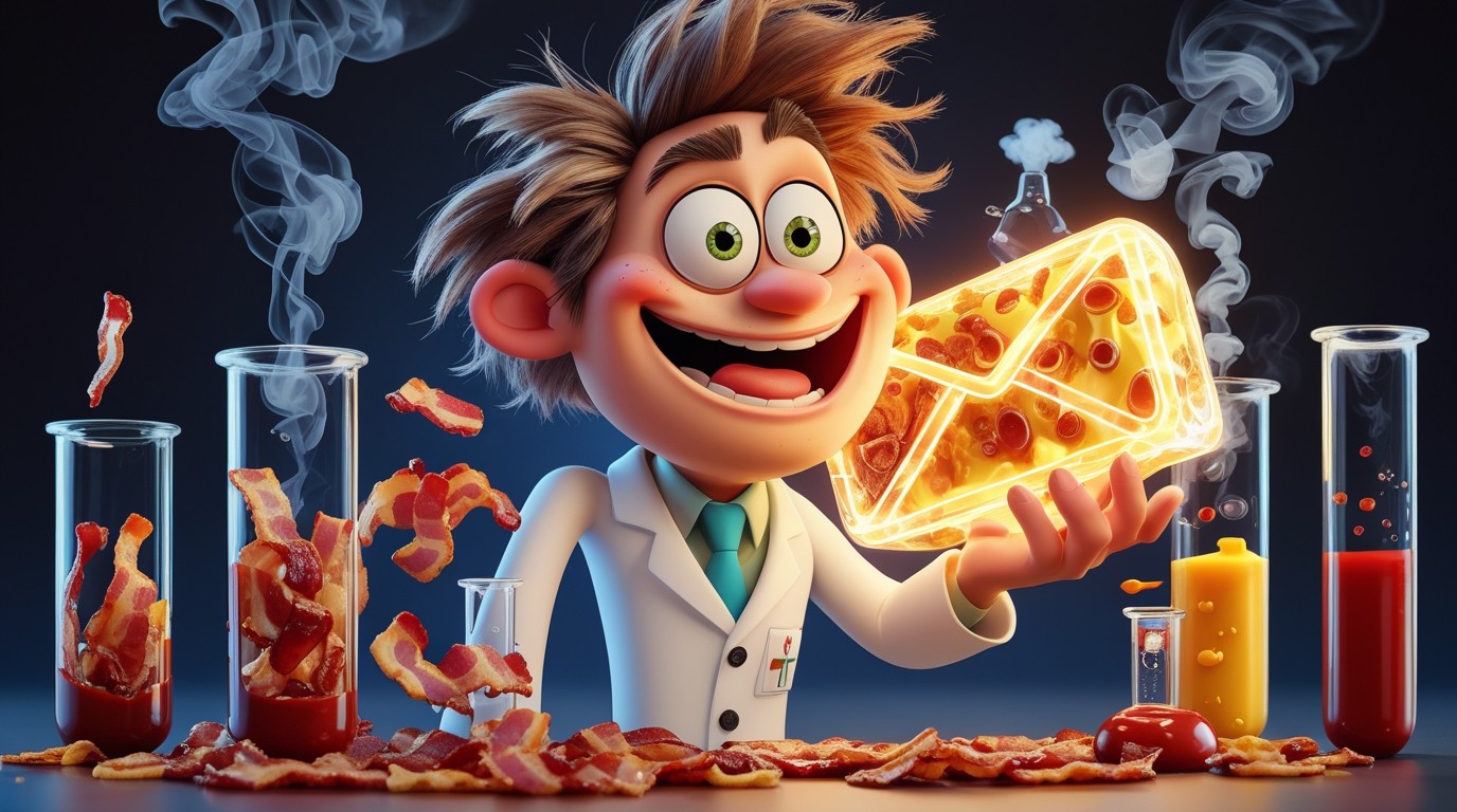 A crazy but friendly cartoon scientist with messy hair, wearing a white lab coat, holding a giant glowing EMAIL EXTRACTOR