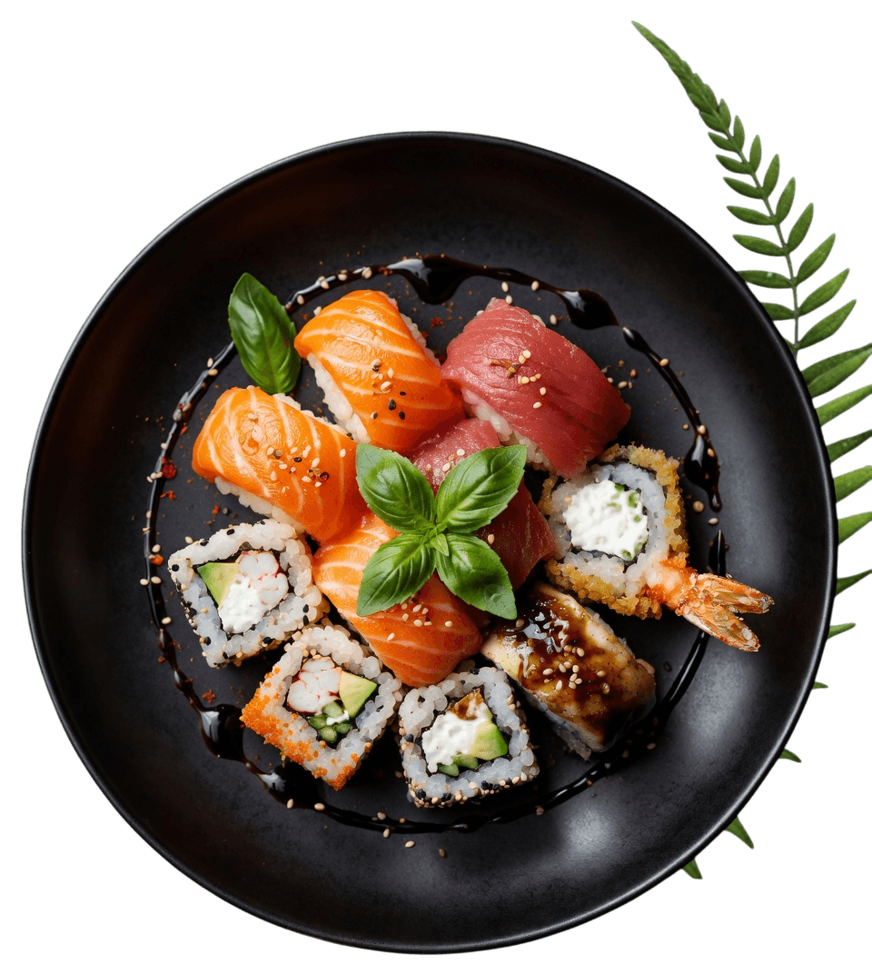 Asiatische Platte belegt mit Suhsi und Maki, dekoriert mit Kräutern und Blätter.