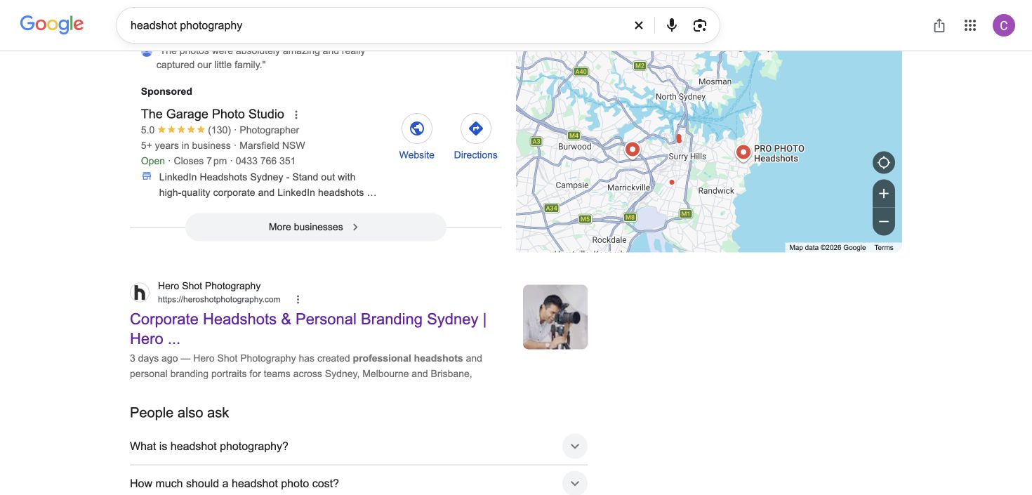 Original Google capture: headshot photography. Hero Shot. First organic result. Sydney, NSW, 18 October 2026.
