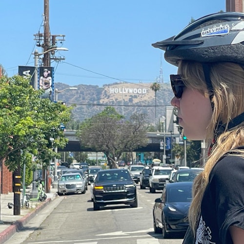 The Hollywood Sign in the distance as we are about to walk across the Hollywood Boulevard