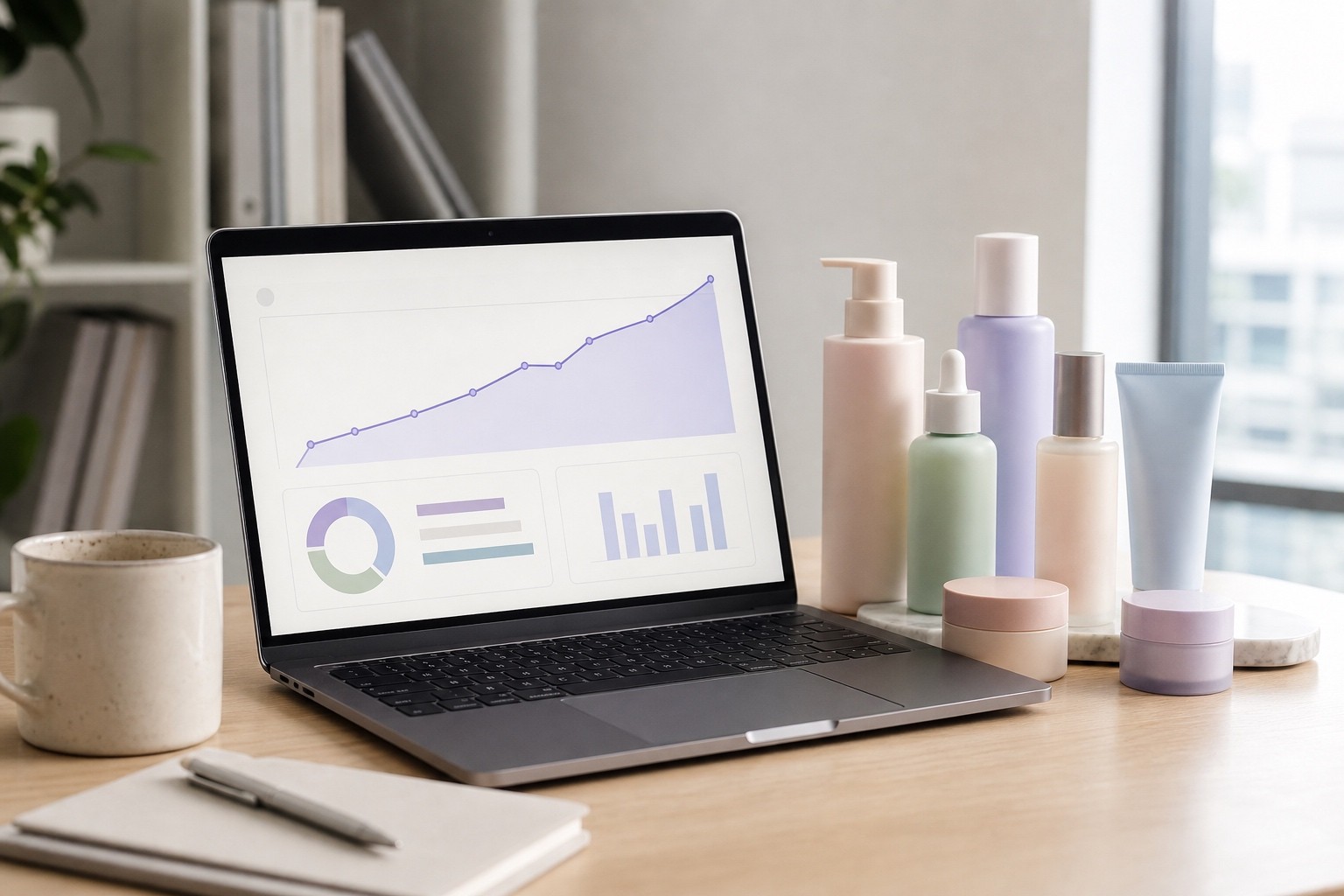 E-commerce analytics dashboard with a rising chart beside a row of Korean skincare products