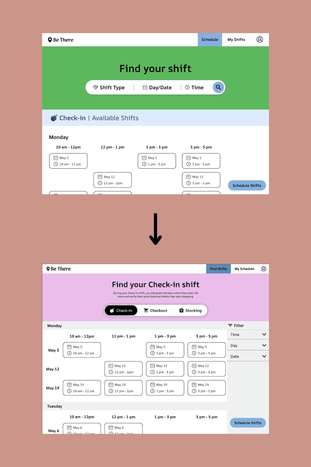 A comparison of a shift scheduling interface before and after updates. The before image has a green header and "Find your shift" prompt, while the after image has a purple header specifically prompting to "Find your Check-in shift" and includes broader shift types and a filtering option on the right.