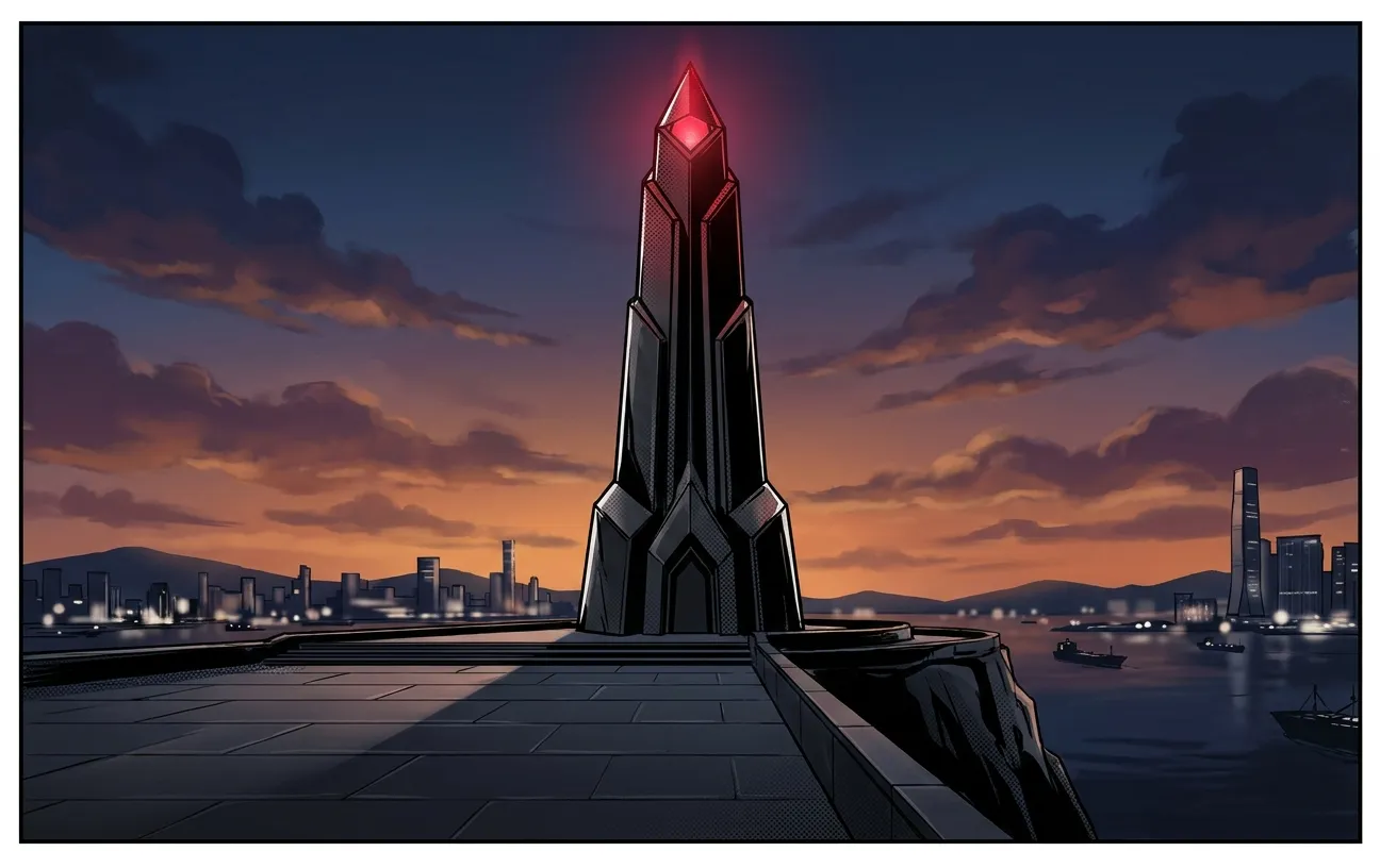 RockN' Socials monument at sunset, city skyline; Digital Marketing Agency.