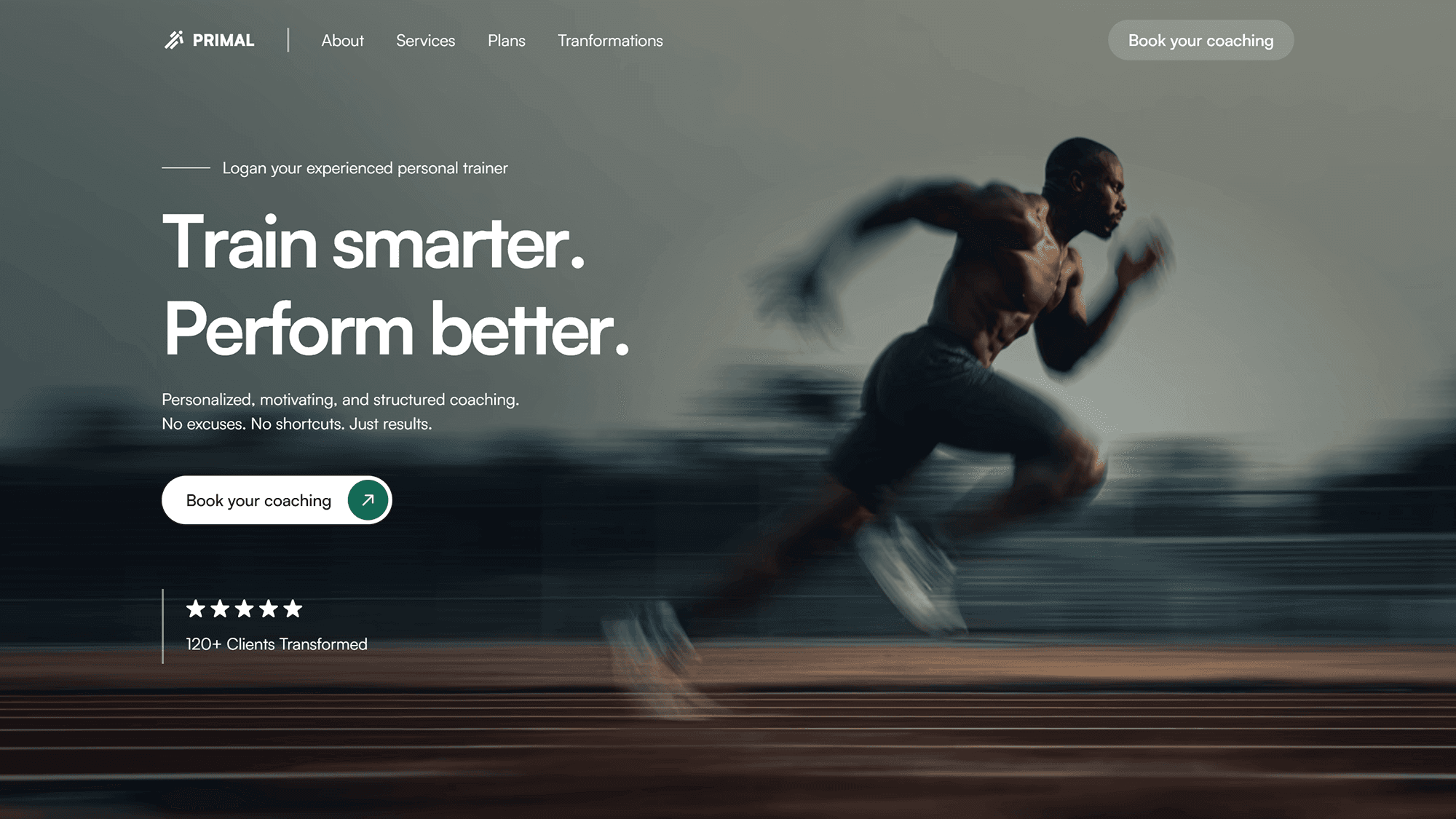 Hero section presenting a high-performance personal trainer brand with a clear coaching call to action