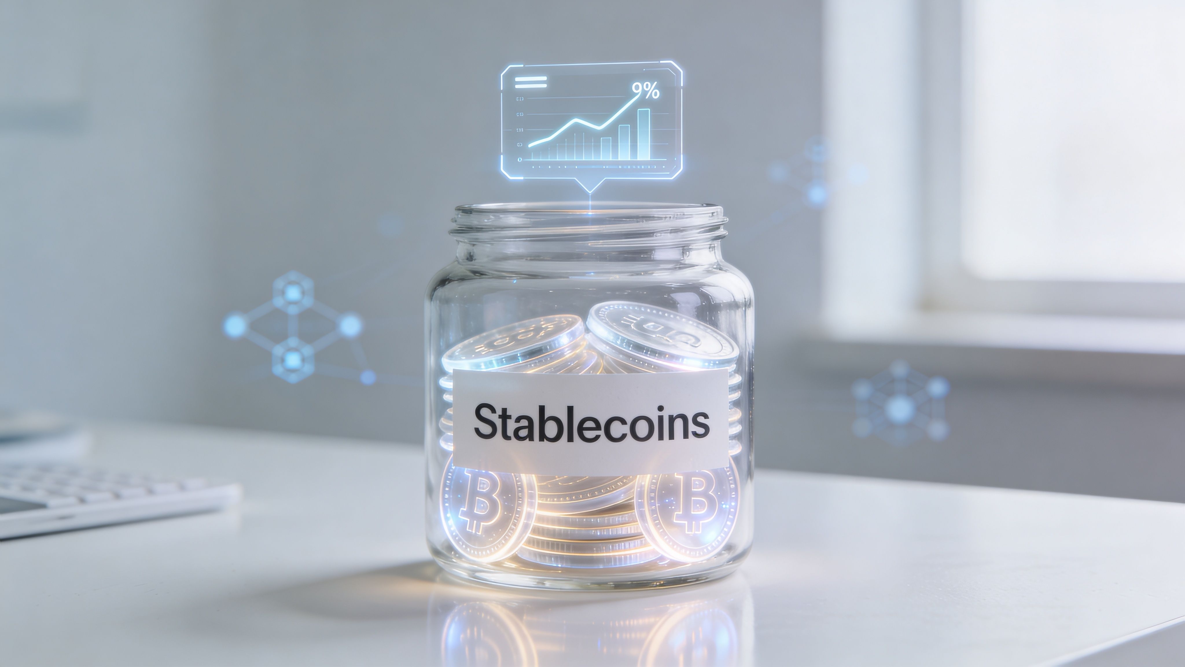 A glass jar filled with golden coins labeled Stablecoins with a digital hologram showing a growth graph.
