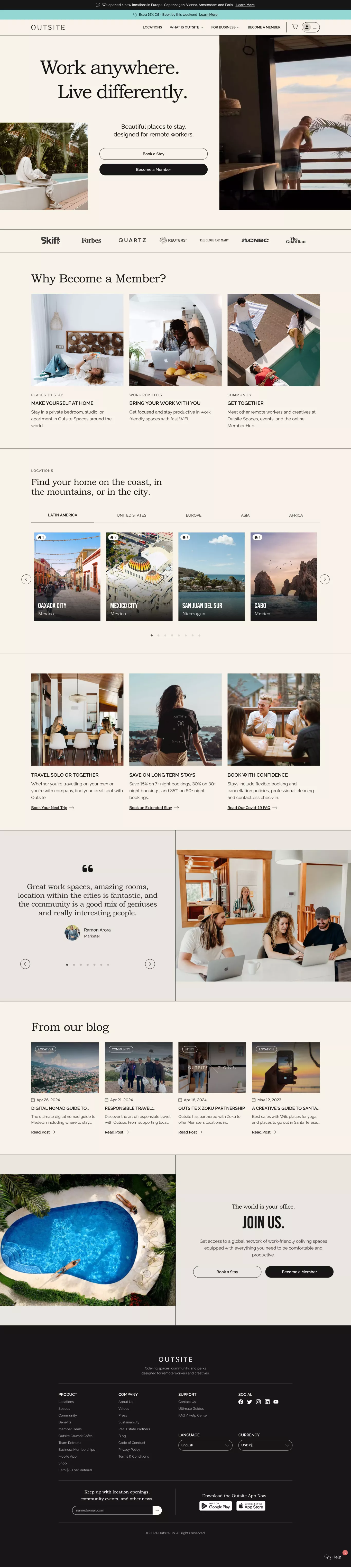 Coliving + Community for Remote Workers landing page screenshot showcasing Travel and Tech design