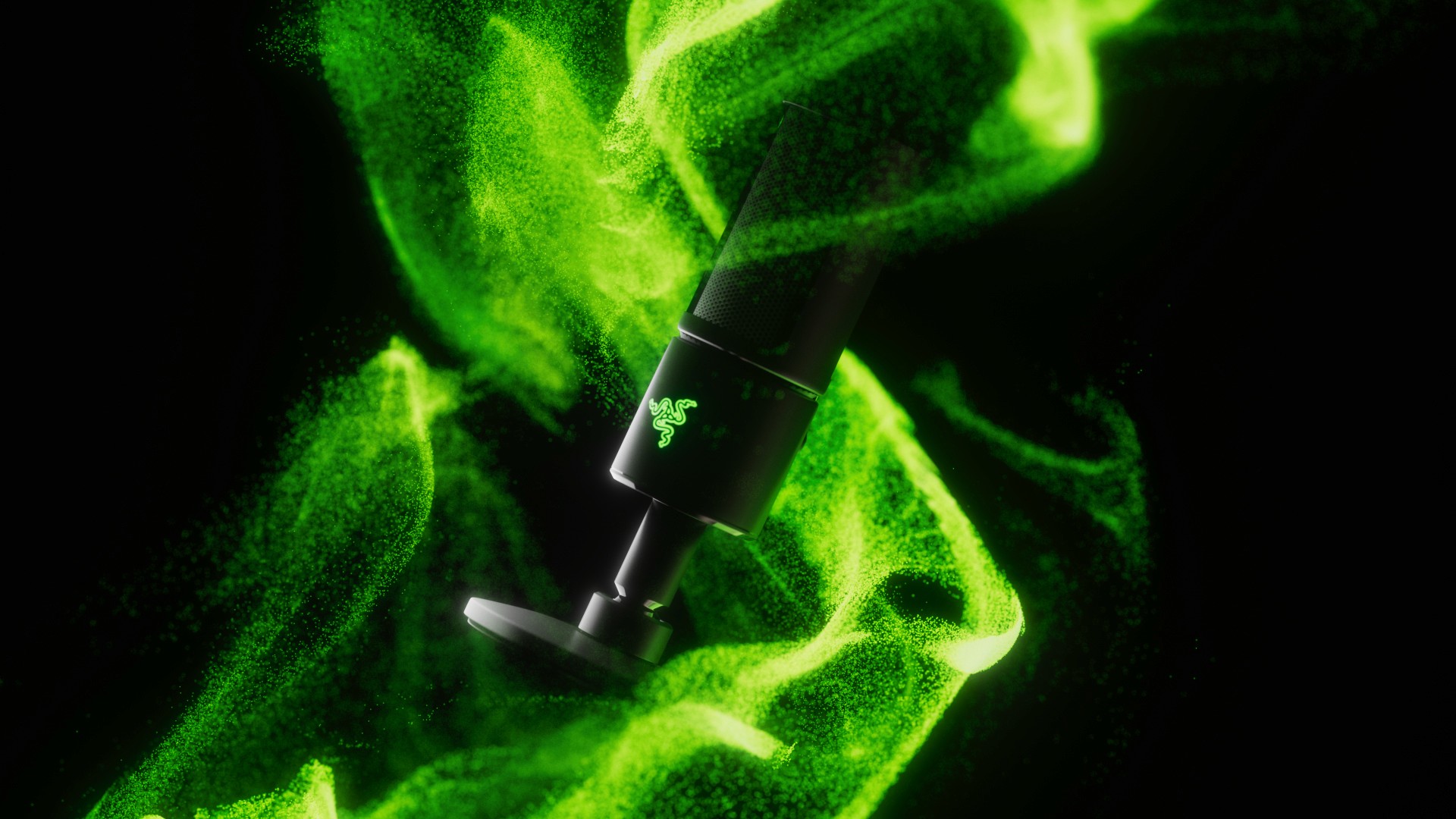 3D-Rendering eines Razer Siren X Mikrofons mit grünen Partikeleffekten und dramatischer Beleuchtung auf schwarzem Hintergrund
