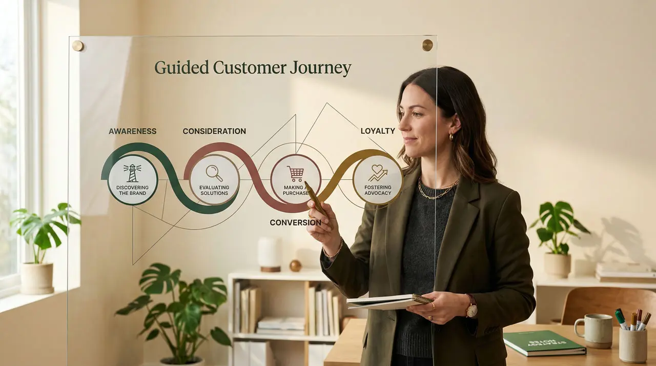 Profesional analizando un diagrama del recorrido del cliente con etapas conectadas de conocimiento, consideración, conversión y lealtad.