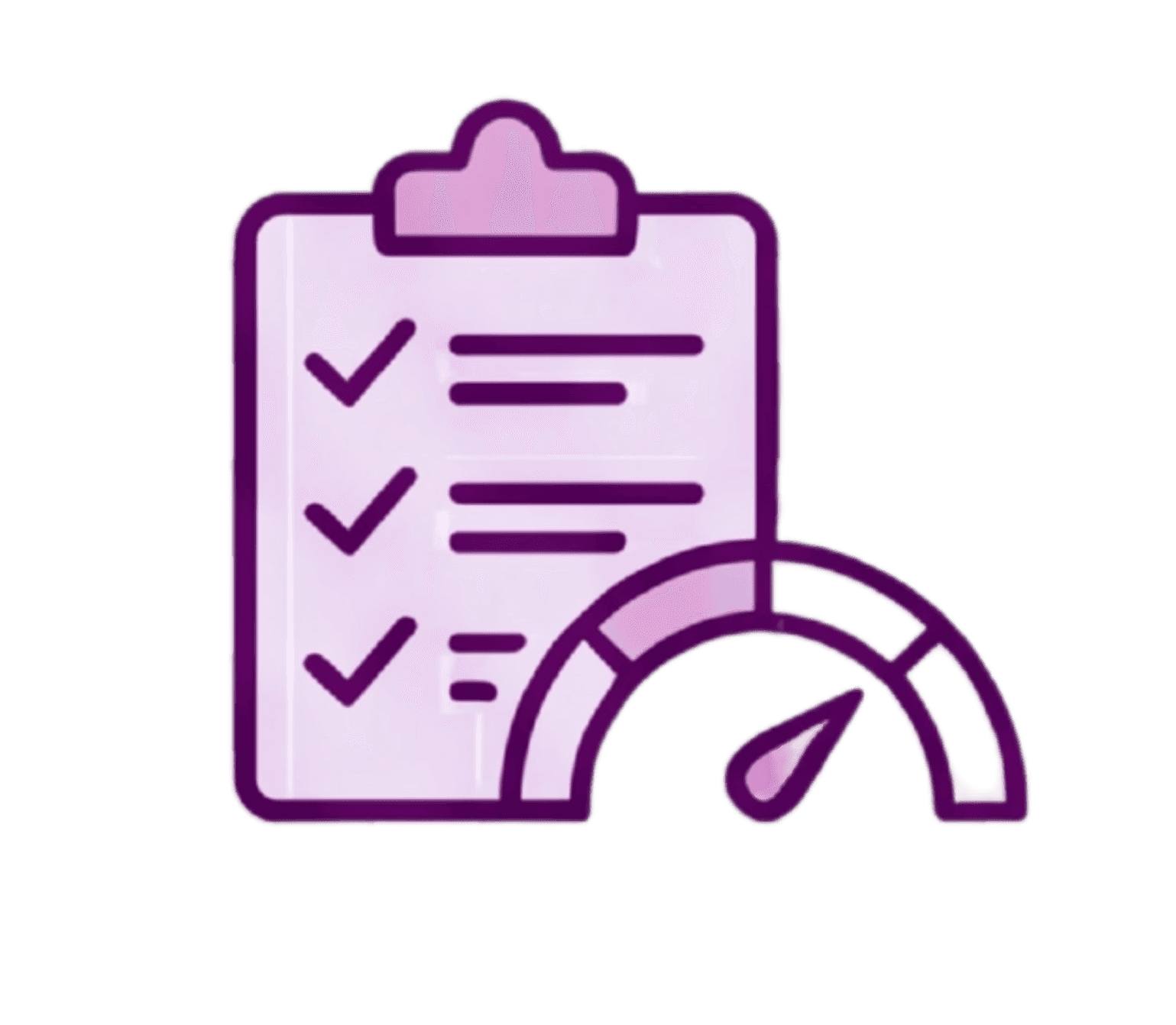 Purple and pink icon of a checklist clipboard with a performance speedometer gauge.