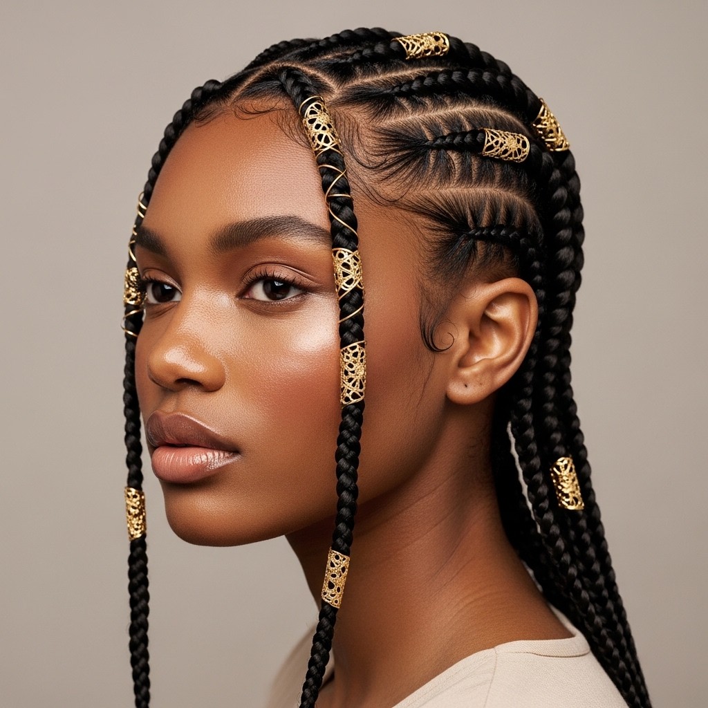 Side profile of a Black woman with intricate cornrow braids and gold filigree cuffs against a light beige background.