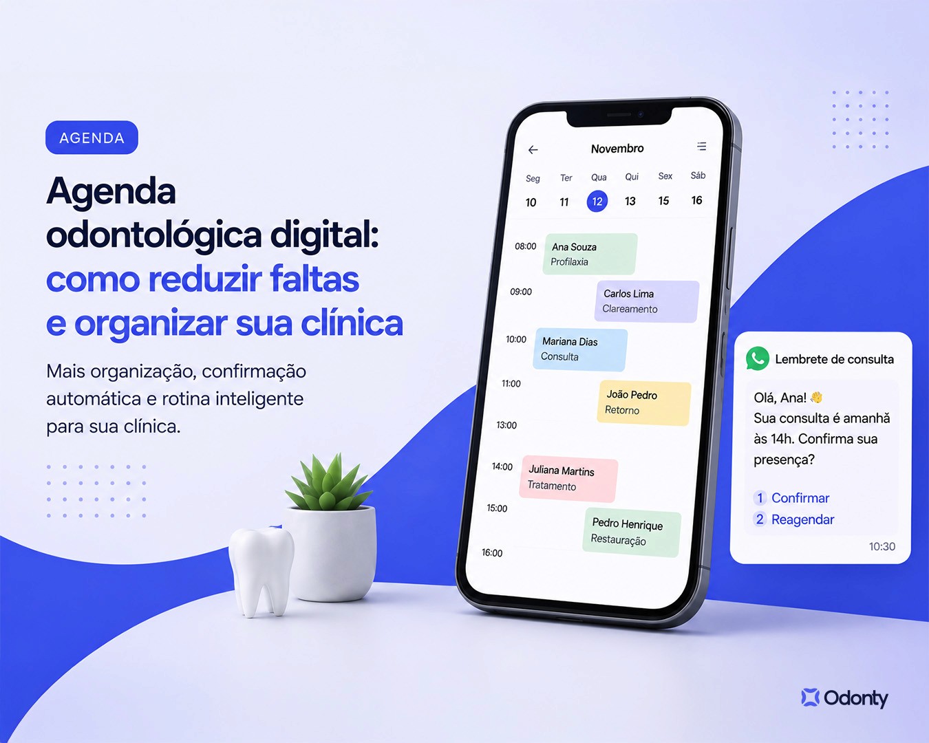 Agenda odontológica digital em smartphone com confirmações automáticas de consultas via WhatsApp.