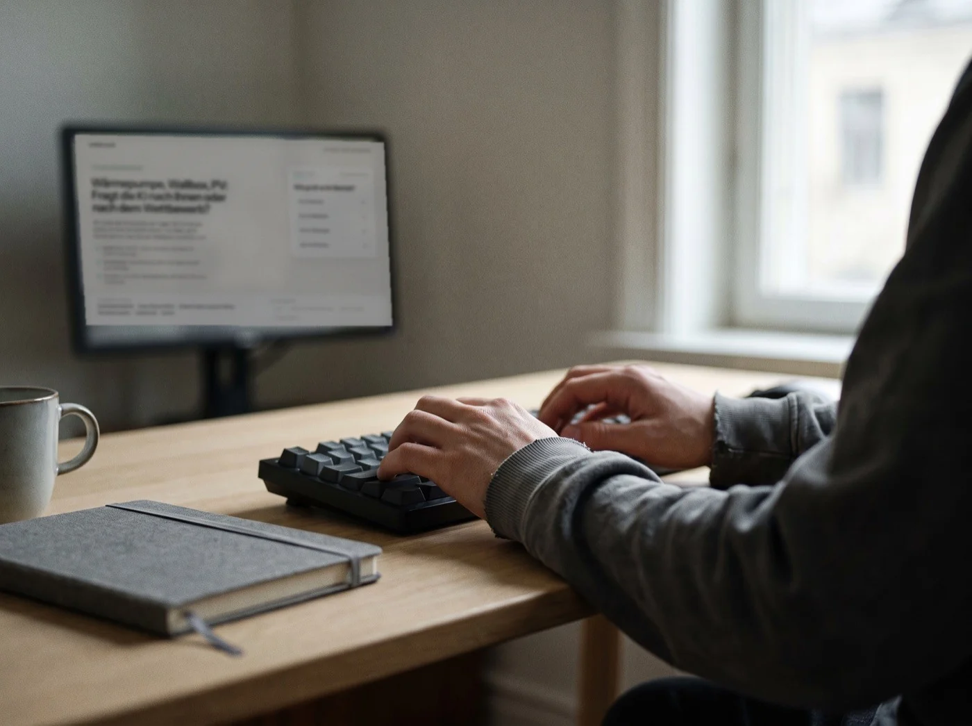 Monitor am Arbeitsplatz mit dem qualifizierenden Formular des KI-Checks von webdrei.studio