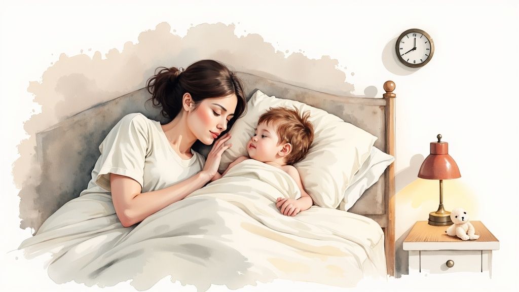 A mother gently looks at her child in bed, a peaceful bedtime scene with a clock and lamp.